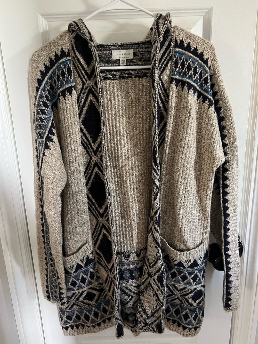 Lucky Brand Beige Hooded Fair Isle Knit Cardigan with Navy Accents